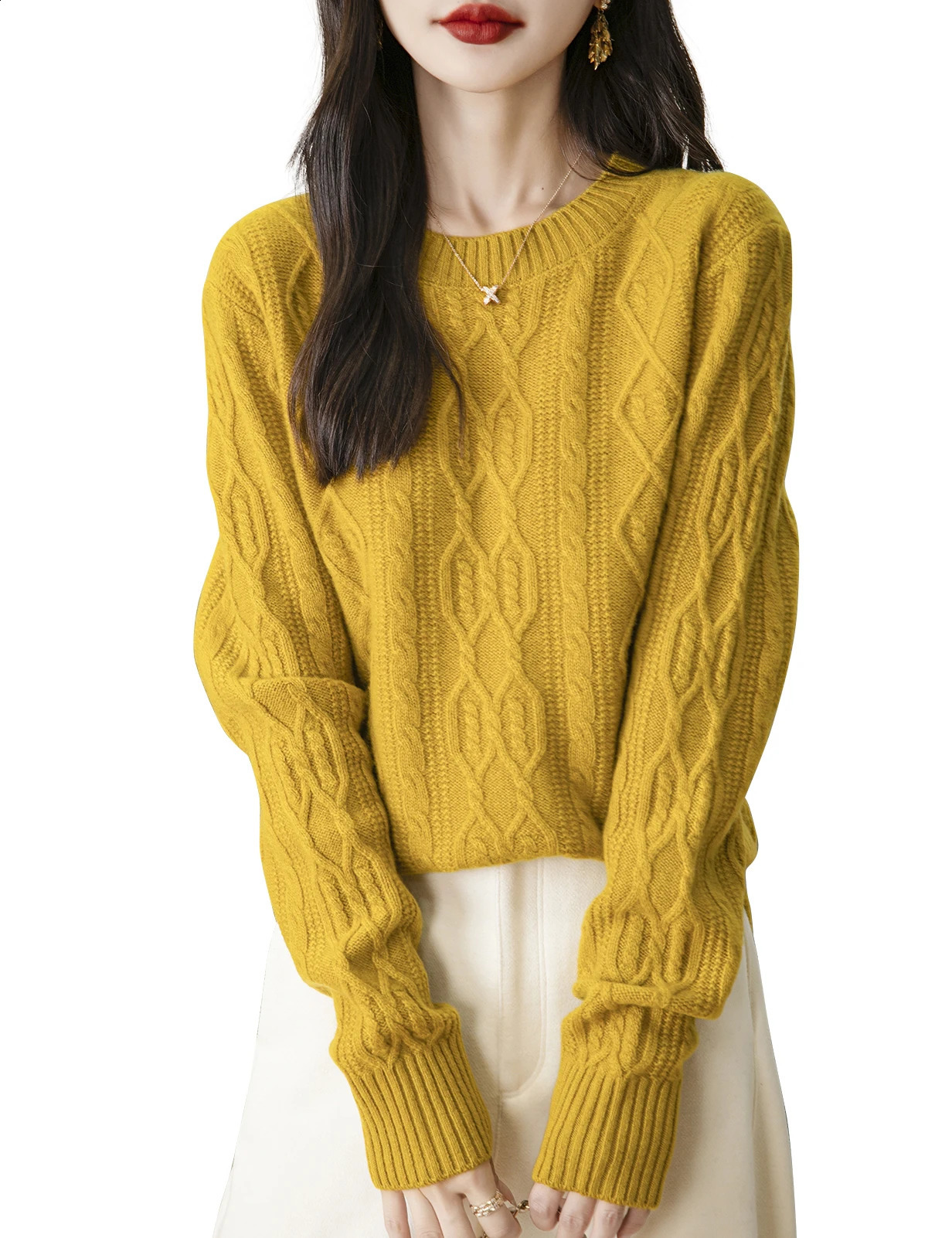 Womens staff collar 100% Merino wool sweater 2024 autumn and winter casual retro soft long sleeved knitted sweater womens clothing 240826