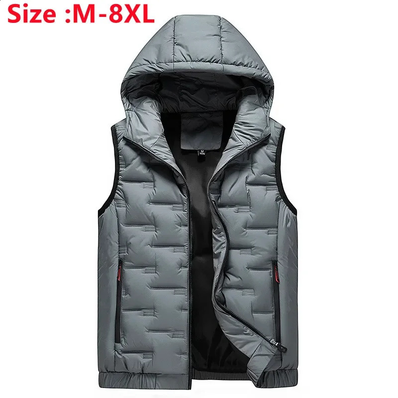 Mens Hooded Vest Men Pleated Solid Padded Vest Windproof Warm Sleeveless Jacket Homme Casual Waistcoat Thicken Parkas 8XL 240824