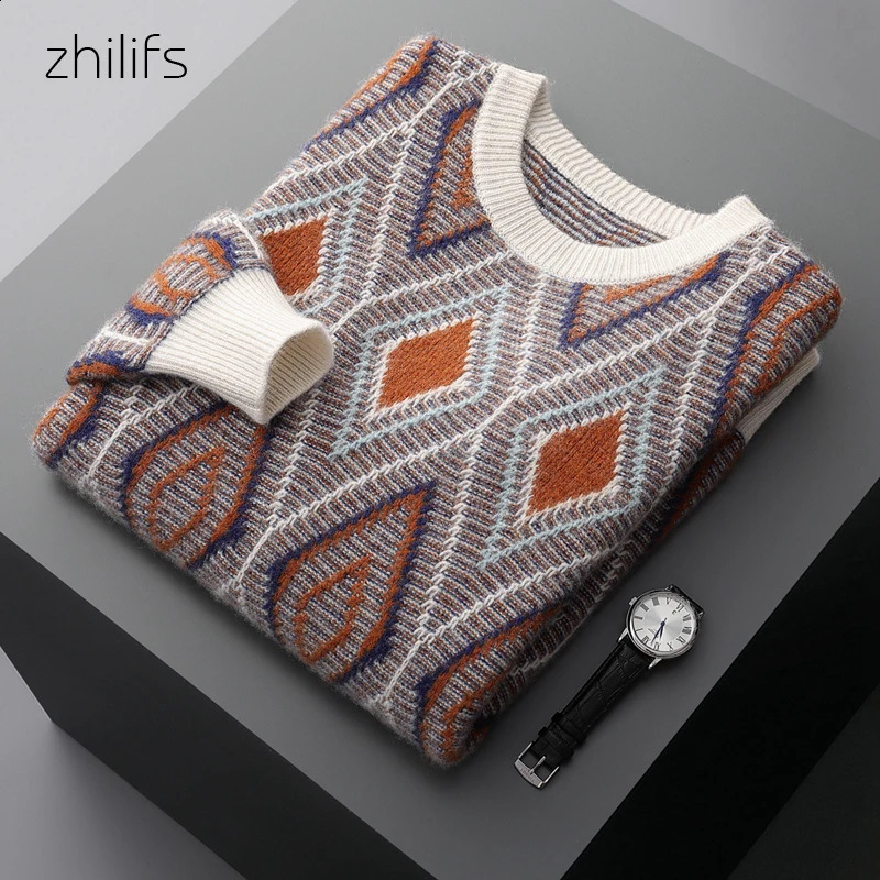 Winter Merino wool sweater mens thick wool cashmere round neck diamond plain weave sweater mens jacquard loose oversized 240824