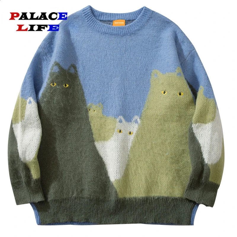 Fashion mens street sweater Harajuku funny knitting cat embroidery eye jumper hip-hop loose zipper sweater black blue 240826