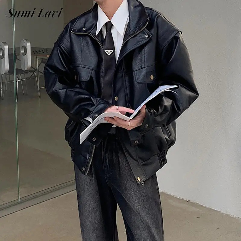 Streetwear Fall Winter Mens PU Leather Jacket Fashionable Turn-down Collar Zip-up Coat Men Vintage Solid Color Leather Coat 240826