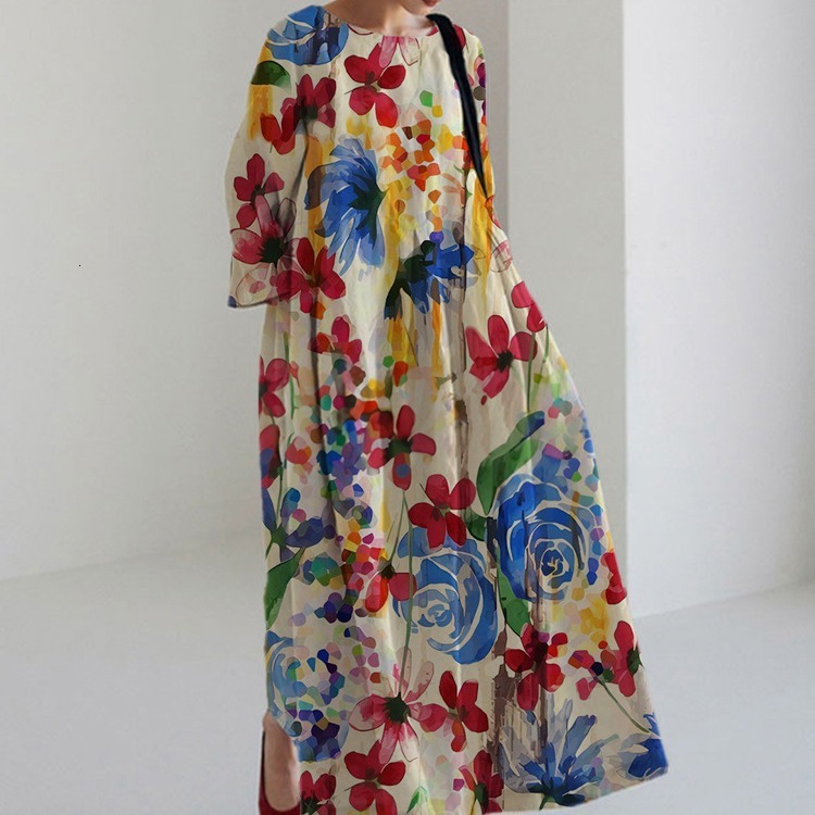 Summer New Womens Loose Round Neck Fashionable High End Long Sleeve Printed Dress