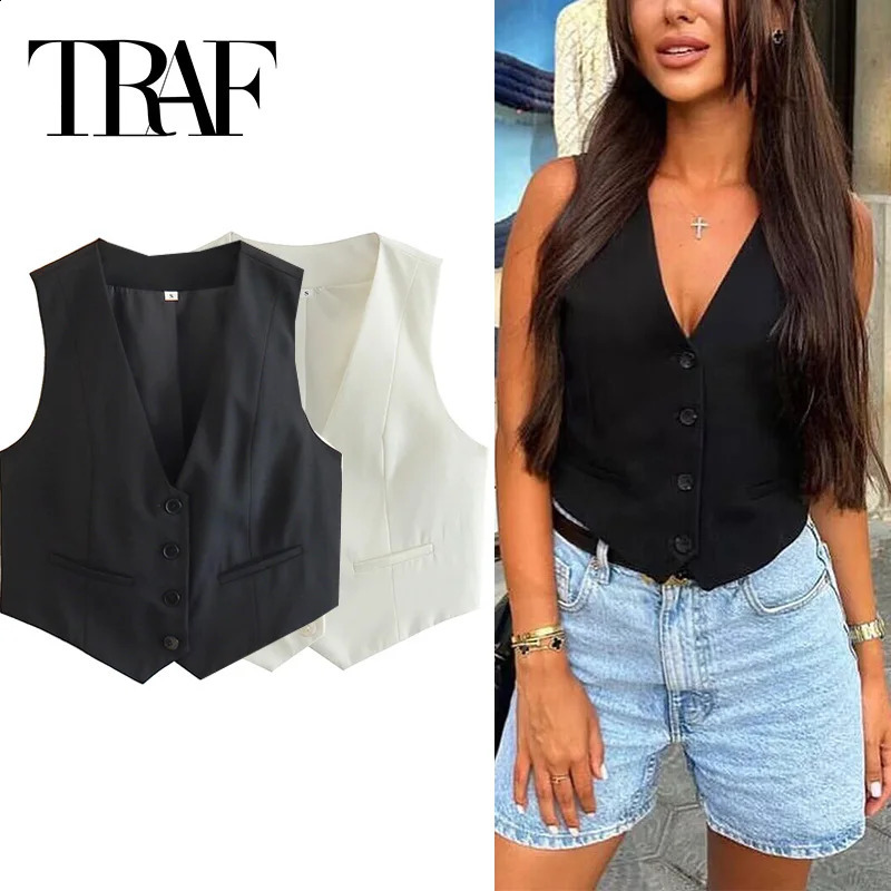 TRAF Womens Vest Black White Cropped Top Women V Neck Sleeveless Woman Fashion Working Summer Suit Short Coats 240826