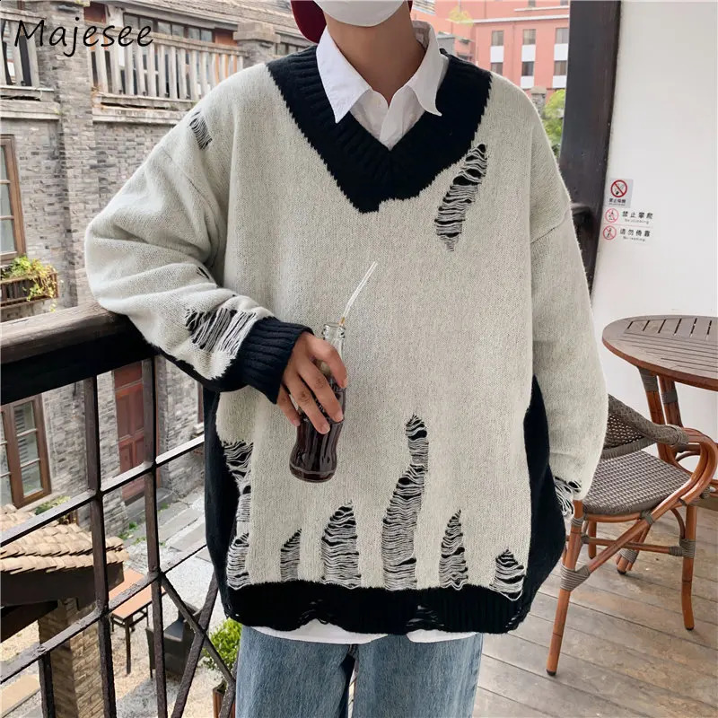 Sweater Pulling Flower Mens Tearing Clothing Knitted Youth White Personality Street Patch Work Harajuku Winter Full Match Vitality 240826