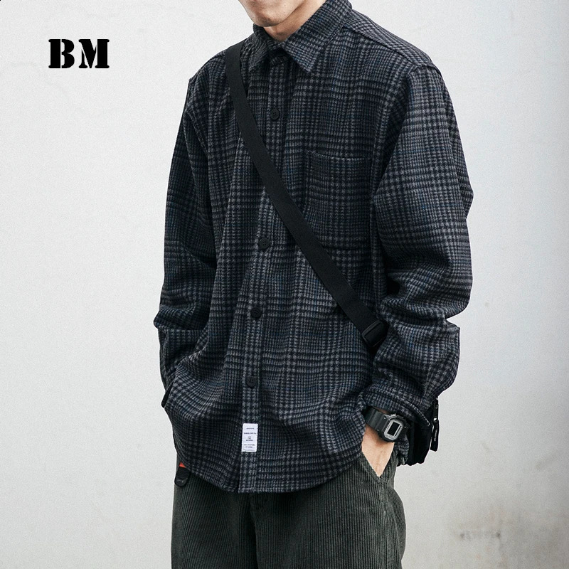 High quality thick wool shirt mens clothing Japanese street clothing collar long sleeved casual plain top Harajuku jacket mens clothing 240824