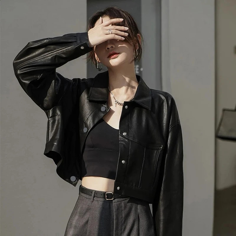Gidyq Vintage Moto Leather Jacket Women Autumn Winter Black Loose Crop Coat Korean Fashion All Match Pu Leather Outerwear 240824