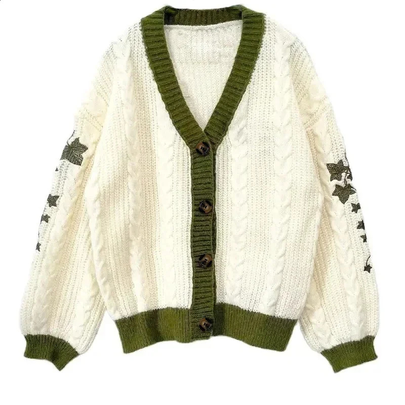 Mignon Lanterne à manches en tricot en laine en laine d'automne chaude brodée Pull Broidered Femmes décontractés en V Veste de poitrine simple de