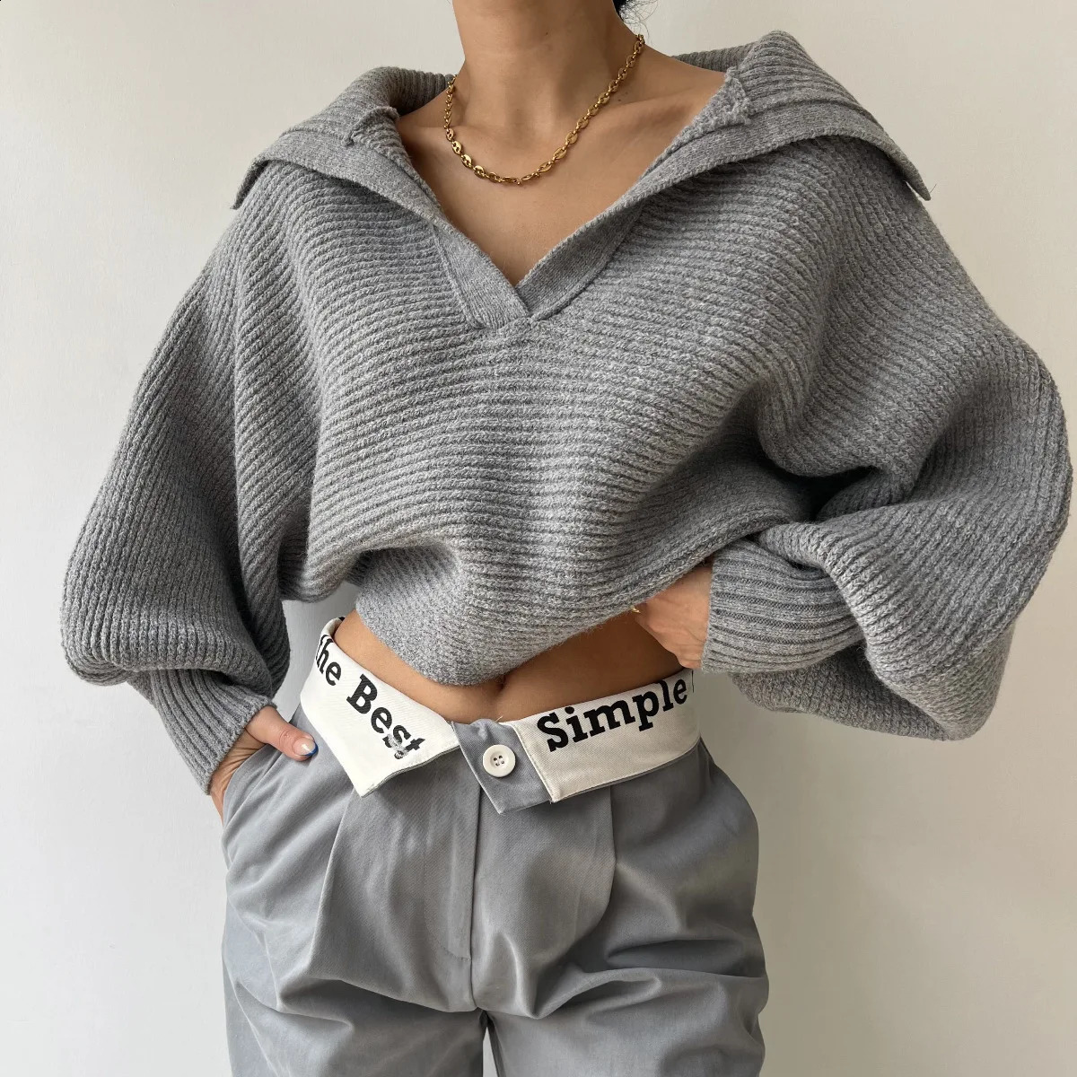 Printemps et automne Arrivée en tricot tricoté Pull à revers Pullor Top pour femmes 240824