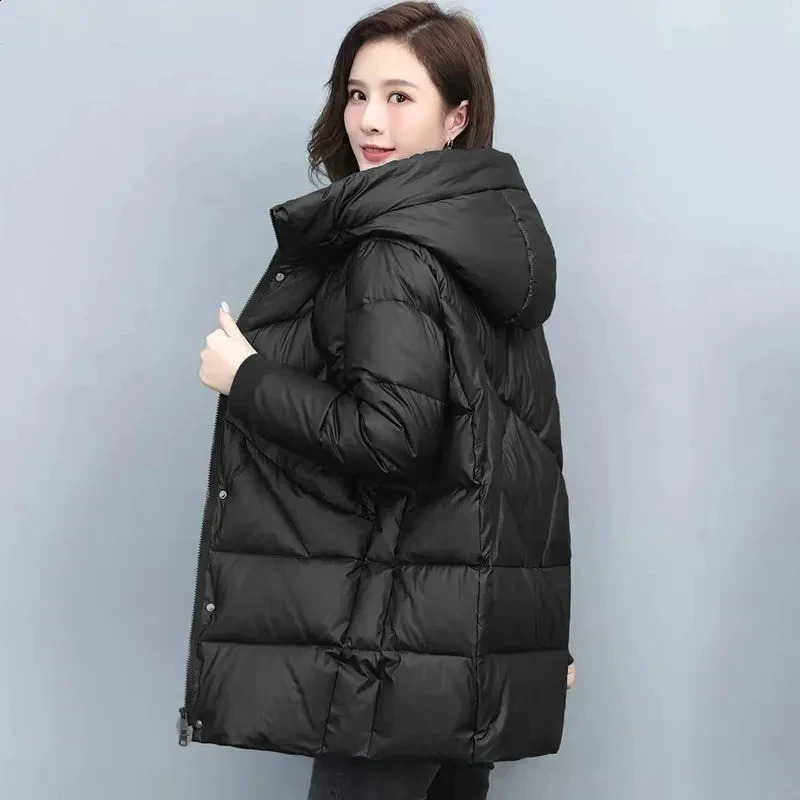 2023 Winter Elegant Mothers Parkas Padded Jacket Thick Down Vintage Hooded Cotton Coat Womens MidLength Jackets 240824