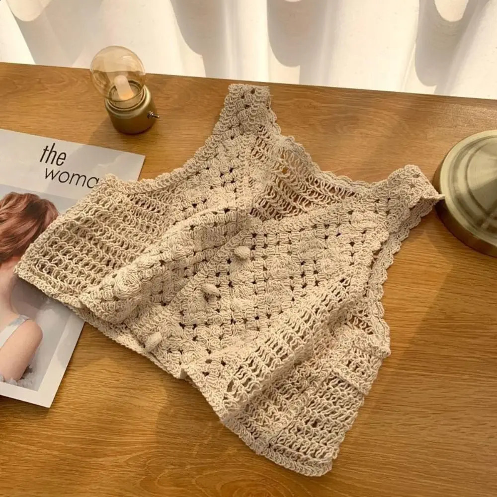 Vintage Hollow Out Vest Crochet Crop Tank Tops Sleeveless Fabric Beach Casual Chic Knitted Buttons Up Cardigan 240826