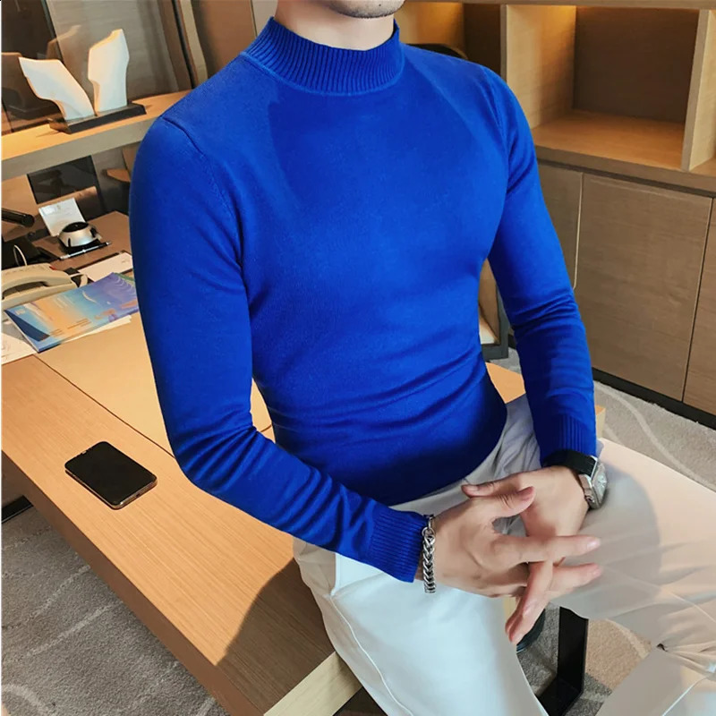autumn and winter fashion turtle neck long sleeved knitted mens sweater ultra-thin fit casual zipper pull rod S-4XL 240824