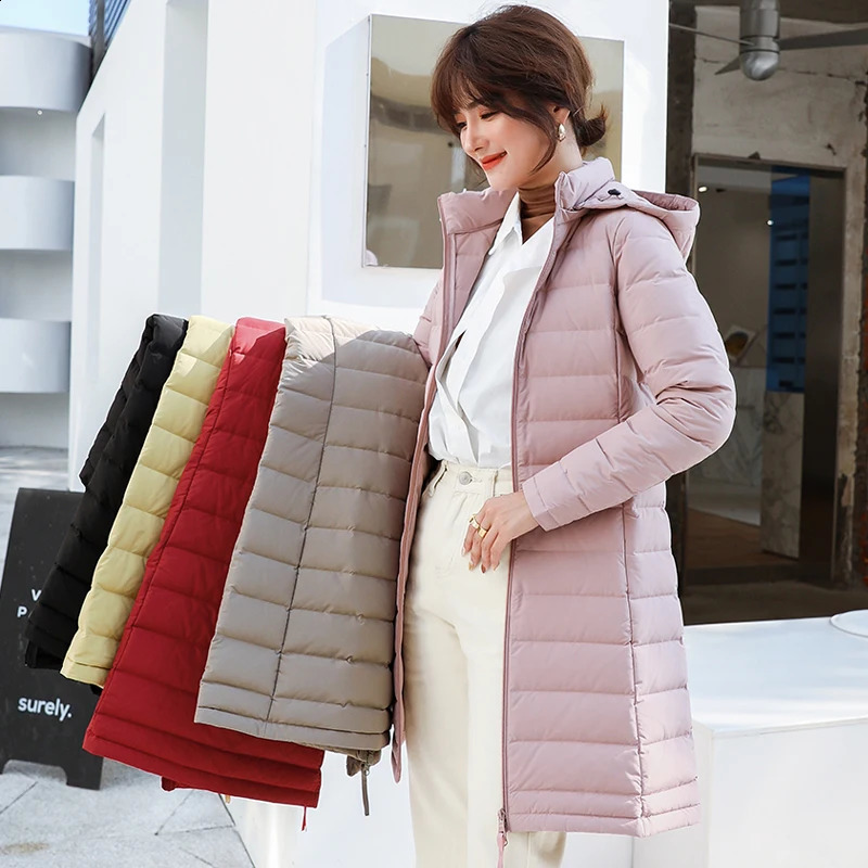 Long Hooded 90 Duck Down Jacket Matt Fabric Padded Warm Coat Seamless Waterproof Outwear Removable 240824