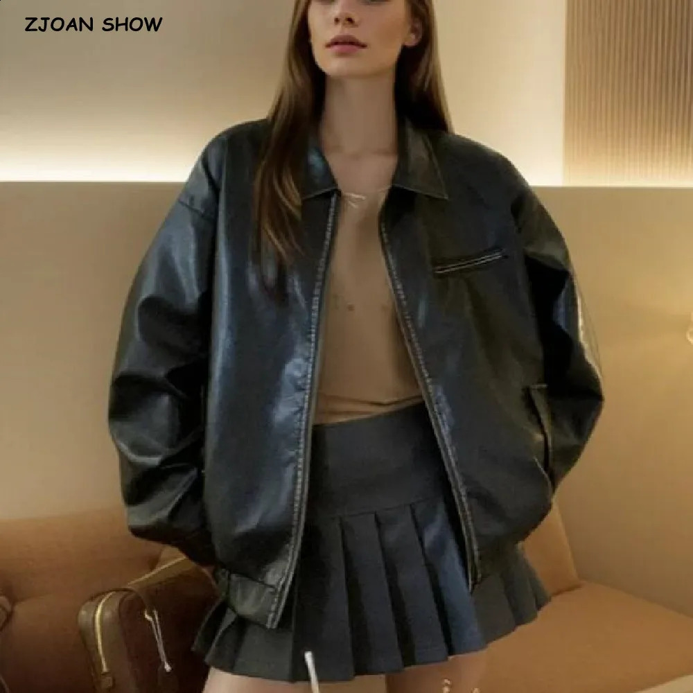 American Retro Black PU Leather Jacket The Spice Lapel Zipper Bomber boyfriend Coat Women Y2K Loose Outerwear Brown 240824