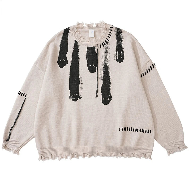 Y2K Grunge Ripped Ghost Print Hip Hop Sweetwear Womens Clothing Mens Punk Gothic Knitted Jumper Autumn Harajuku Leisure Roller 240826
