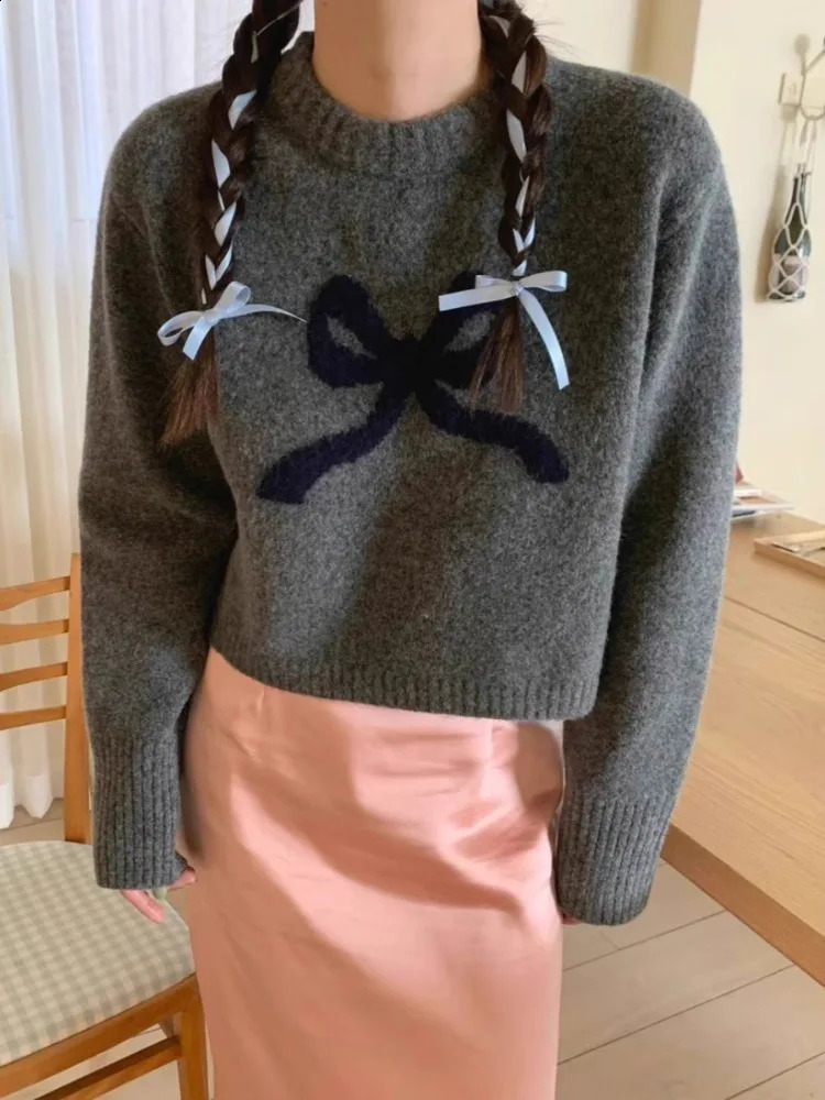 Spring Bow O-neck Knitted Tops Women Fashion Vintage Loose Pullover Mujer Y2k Grunge Long Sleeve Black Sweaters 240824