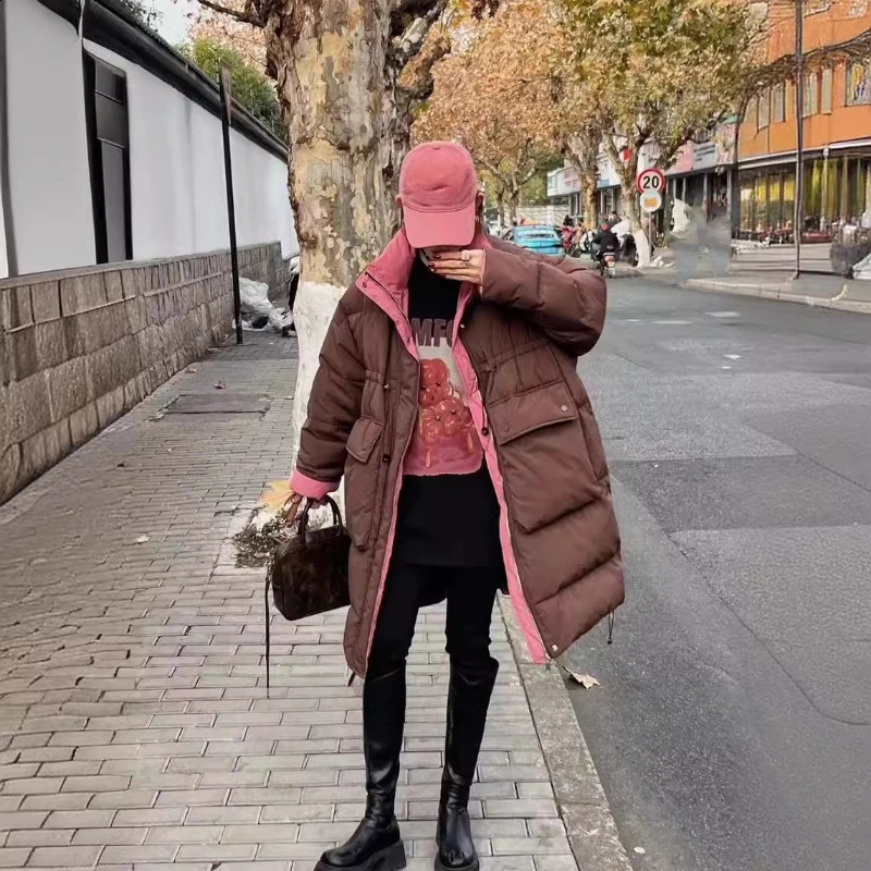 Winter Puffer Coats Jacket for Women Korean Patchwork Pocket Outerwears Stand-up Collar Thick Snow Mid-length Down Jackets 240824