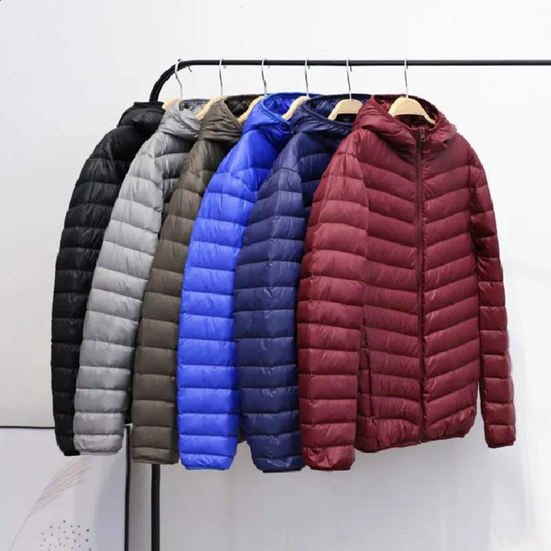 Ultra-light Thin Down Jacket Mens Autumn Winter Slim Short Hooded Warm White Duck Down Coat Plus Size Casual Outerwear 240826