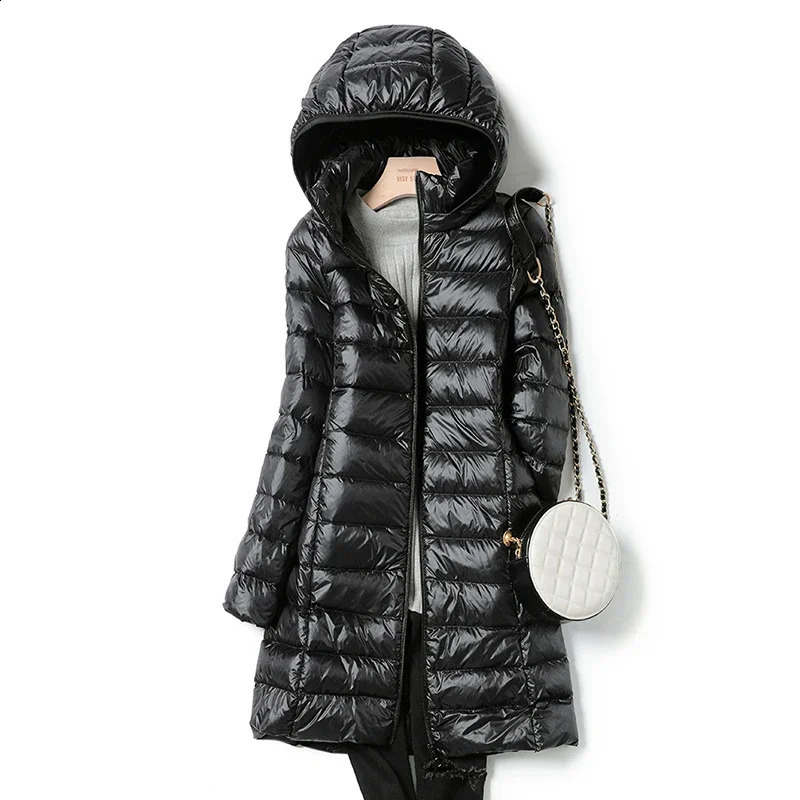 Women Down Jackets Long Ultra Light Thin Coat Plus Size Autumn Winter Casual Puffer Jacket Hooded Parka Loose Fit Zippers 240824