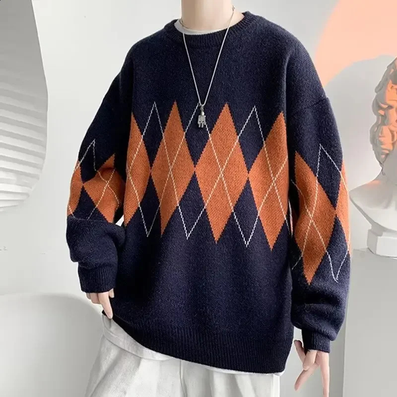 Autumn Trendy Mens Sweater Loose Fit Retro Round Neck Knitted Top Casual Hong Kong Style Street Jacket 240826
