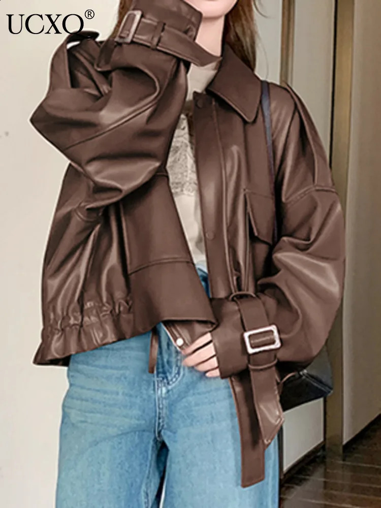 UCXQ Fashion Leather Jacket Streetwear Solid Color All Match Large Pocket Loose Casual PU Coat Women Spring Autumn 1113 240824