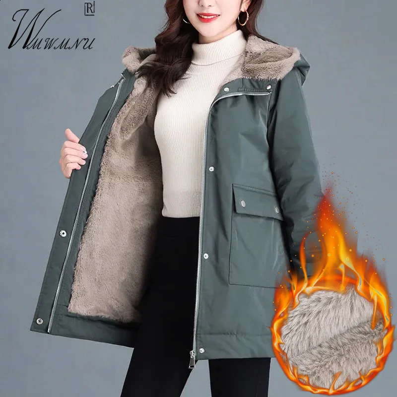 Veste d'hiver à capuche doublée de velours pour femme, manteaux chauds et rembourrés, grande taille 3xl, vêtements de neige, Parka en peluche, mi
