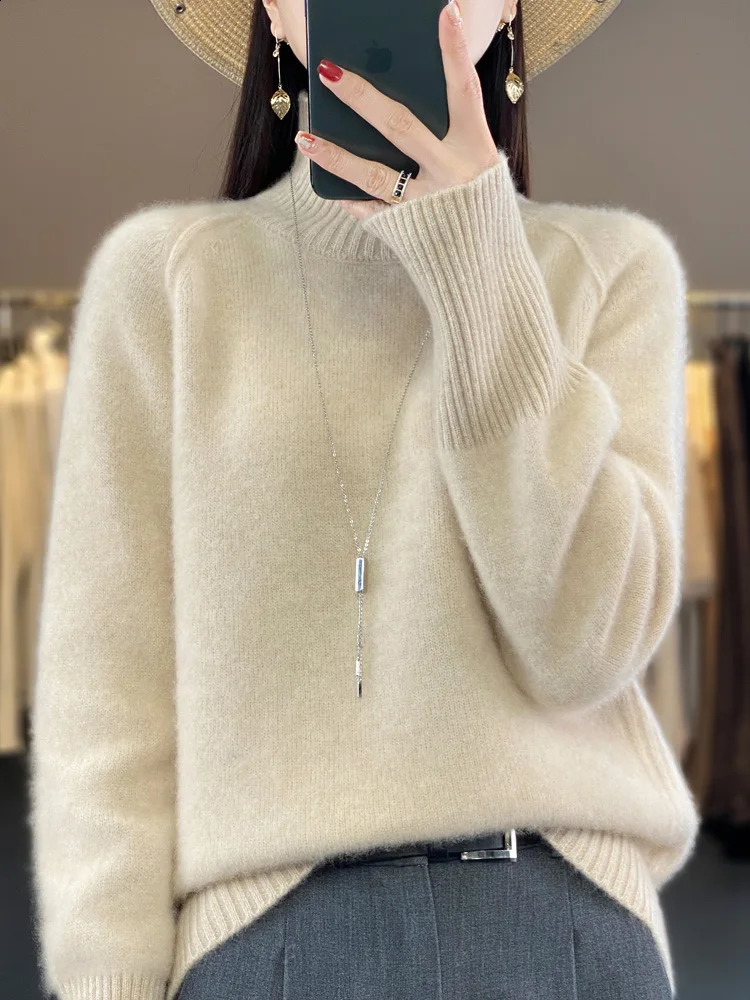 autumn and winter womens loose turtle neck pullover sweater 100% Merino wool long sleeved casual cashmere knitted top 240826
