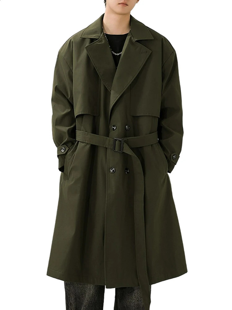 Korean Men Oversized Long Trench Coat Double Breasted Lapel Windproof Overcoat with Belt Polyester Fabric Waterproof 240826