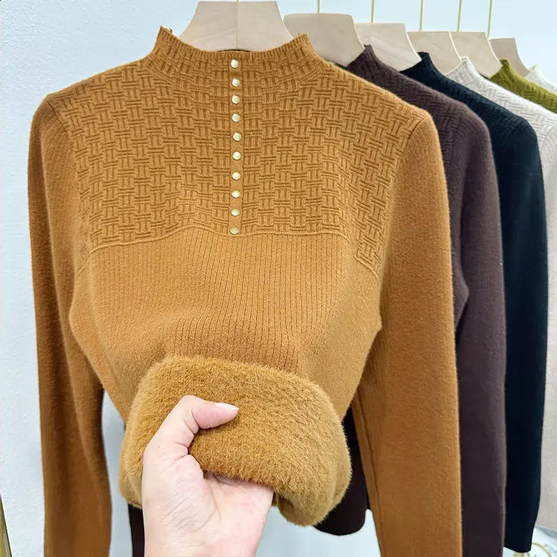 Femmes hiver demi col roulé en peluche doublé pull décontracté épaissir chaud hauts en tricot coréen pull doux Plus velours tricots pull 240826