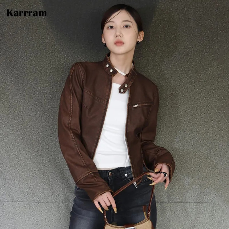 Karrram Korean Style Leather Jacket Vintage Bomber Jacket Women American Retro Pu Coat 90s Motorcycle Zipper Outerwear Grunge 240824