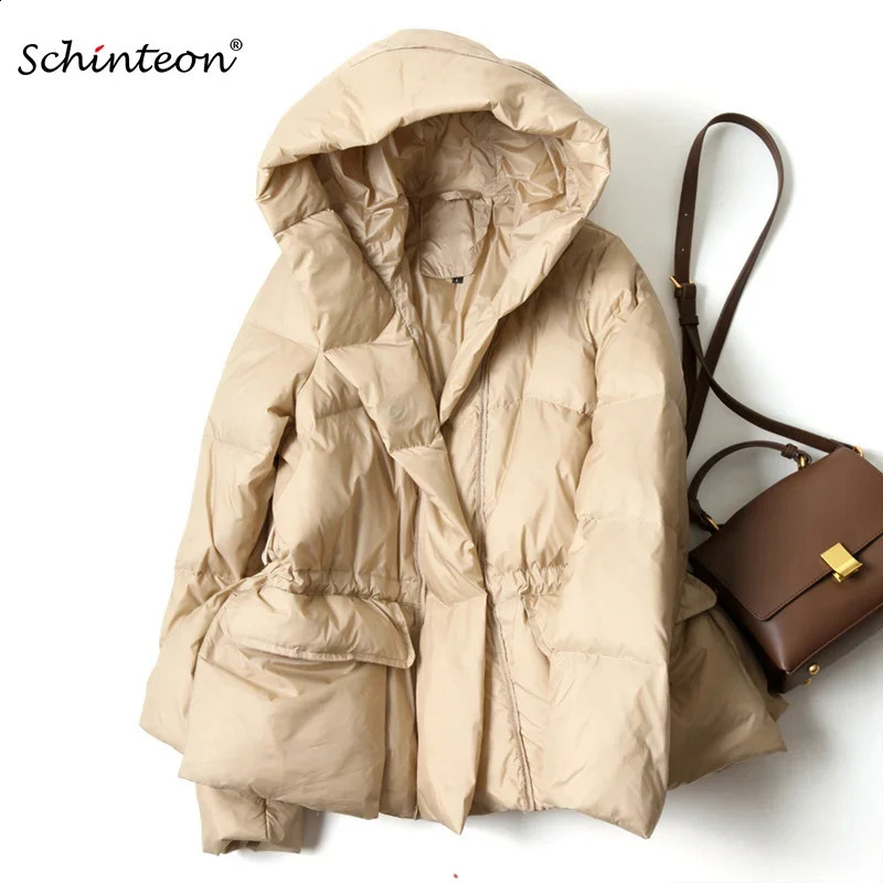 Schinteon Women 90% White Down Jacket Casual Slim Autumn Winter Outwear with Hood High Quality Drawstring Warm Coat 240824