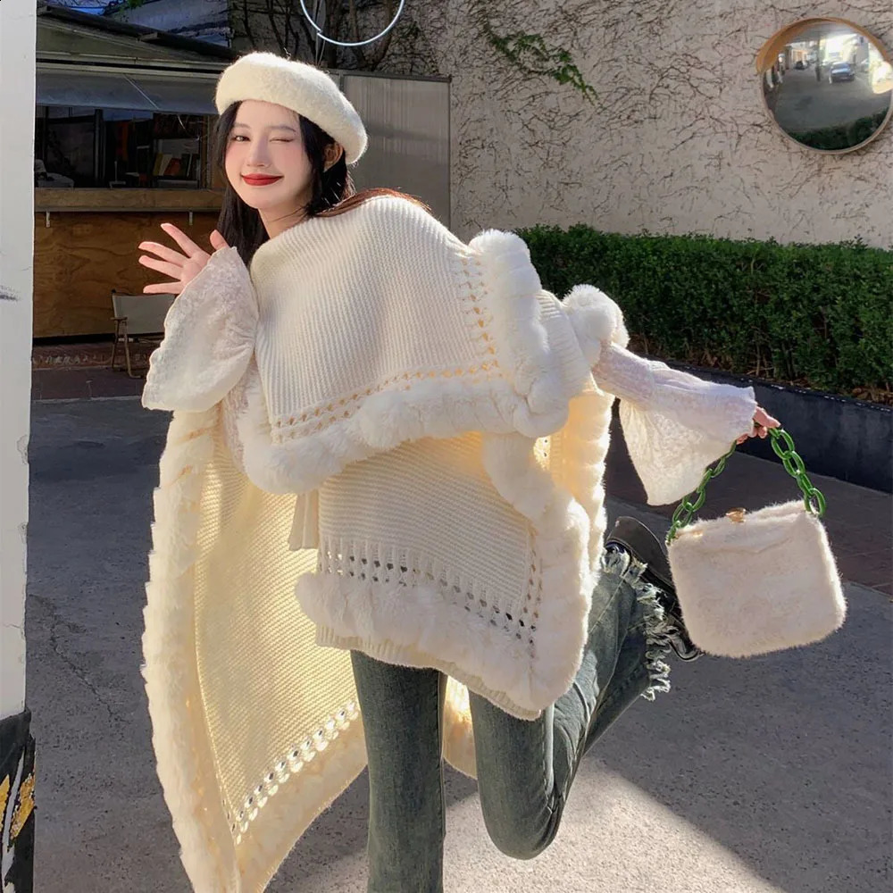 Autumn Winter Soft Poncho Women Solid Color Warm Cloak White Large Shawl Fashion Sweater Cardigan Coat Ethnic Style Capes Woman 240824
