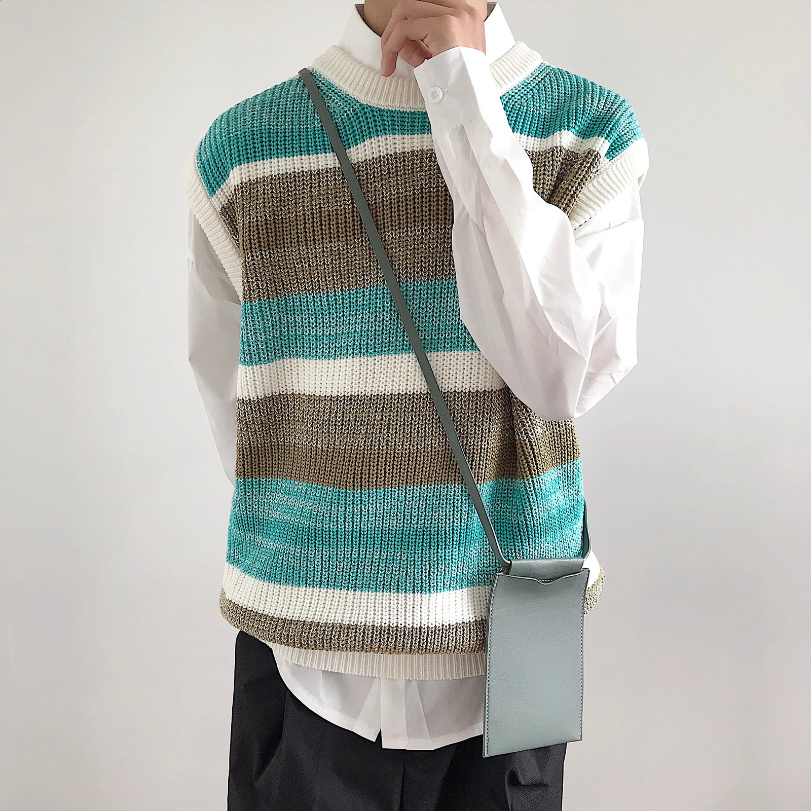 autumn Korean style simple wild fresh rainbow stripes contrast woolen vest mens retro ins casual knitted vest 240826
