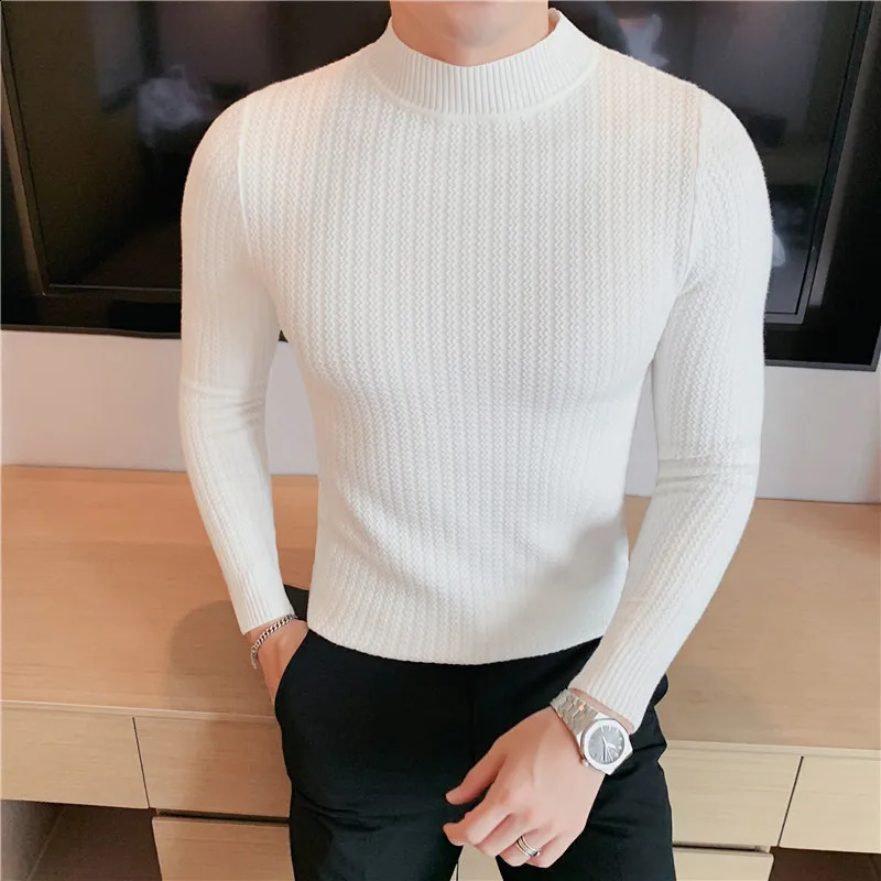 British style winter warm mens navy blue neck sweater solid color Korean mens casual knitted Harajuku mens sweater S-4XL 240824
