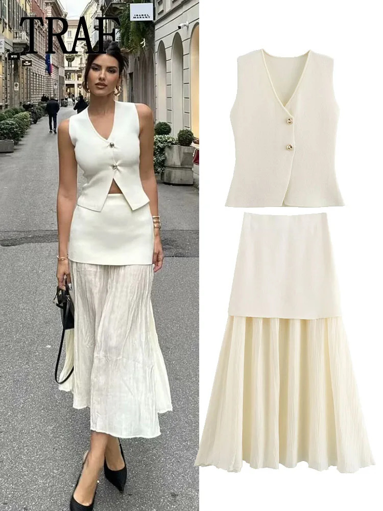 TRAF Womens 2-piece V-neck Sleeveless Knitted Tank TopSplicing High Waist Zipper Ankle Length Womens Jacket 240824