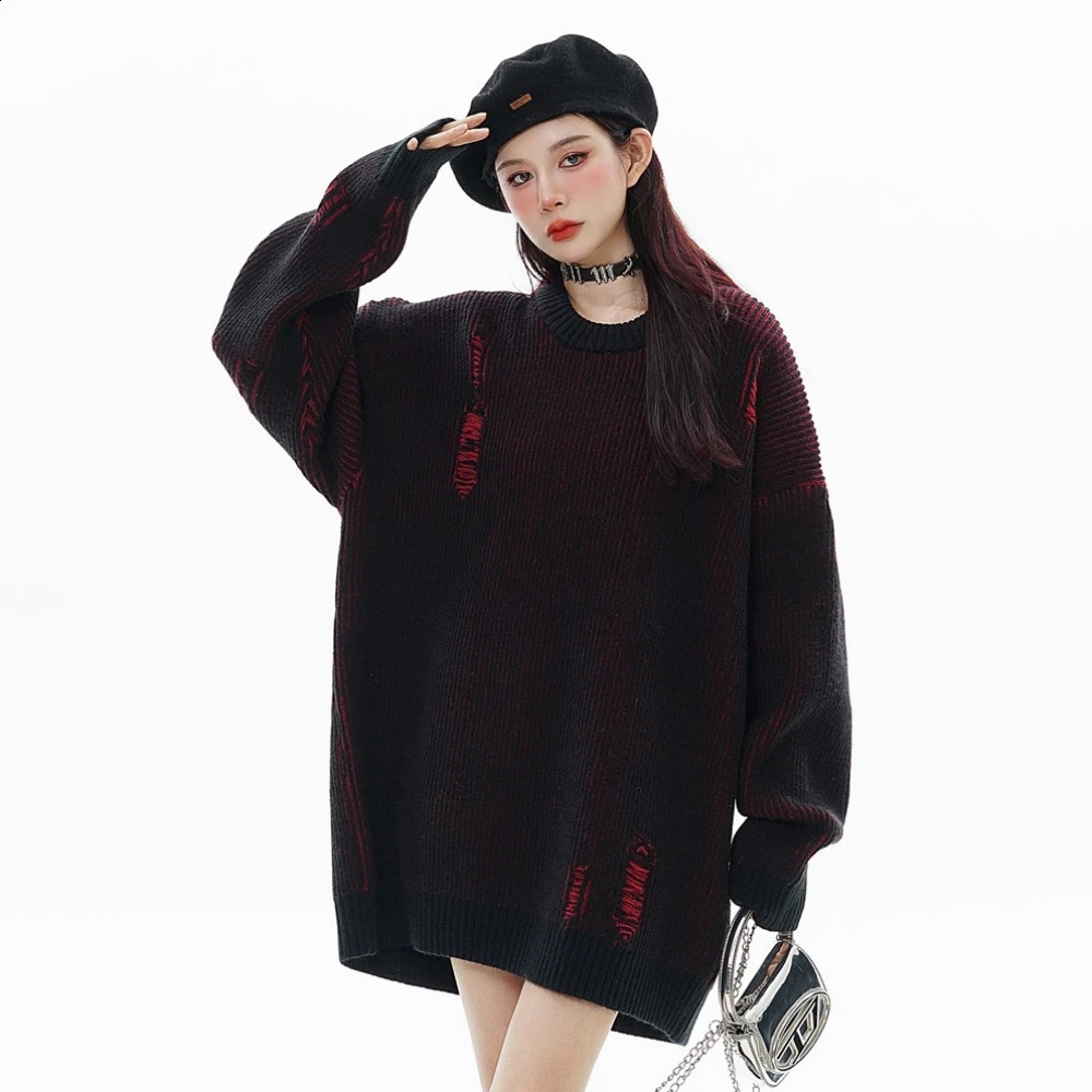 Contrast Color Oversized Sweater for Women Y2k Knitted Open Knitted Mens Sweater Couple Pulleys Streetwear Gothic Streetwear Tops 240826
