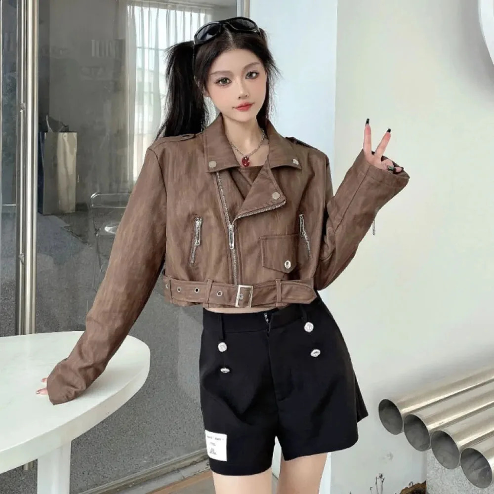 Punk Khaki Leather Jacket Women Retro Irregular Zipper Moto Biker PU Coat Korean Casual High Street Cropped Faux Leather Coat 240824