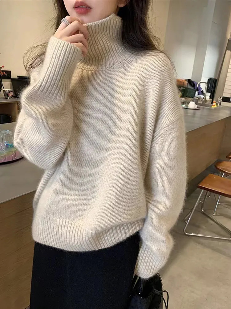 Autumn Winter Cashmere Sweater Womens Clothing 100% Pure Wool Turtleneck Pullover Loose Large Size Thicken Knit Top Korean 240824
