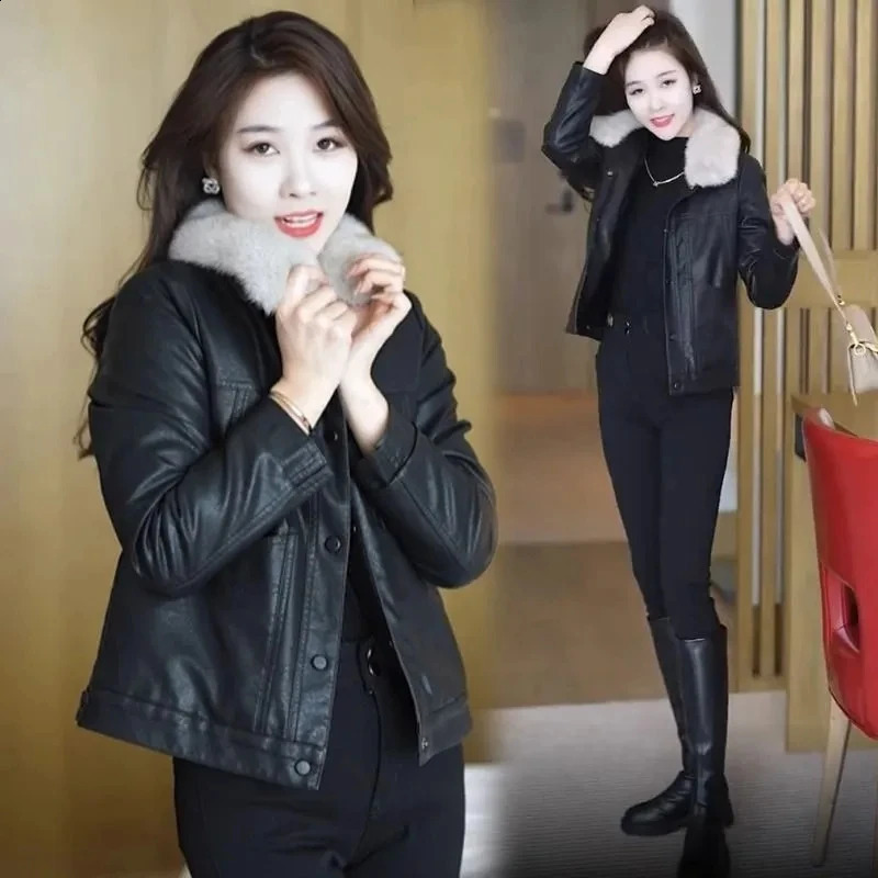Veste en cuir femme automne hiver peluche velours épaissir chaud cuir Parkas coton rembourré manteau fourrure col fourrure pardessus 5XL 240824