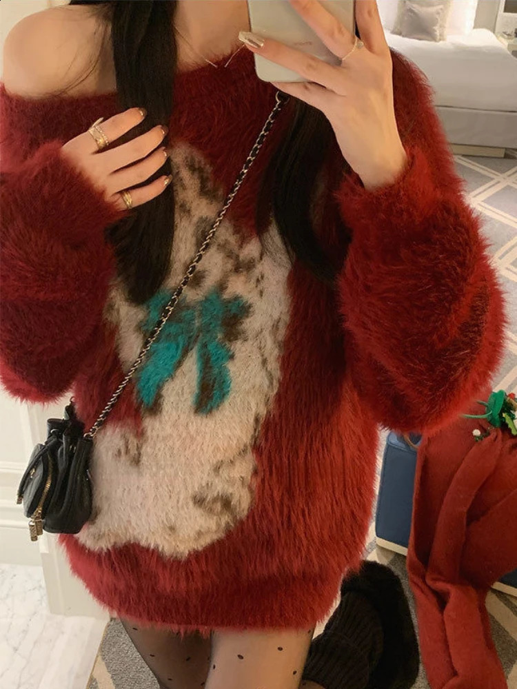 Autumn Winter Loose Knit Pullovers Women Sexy Off Shoulder Y2k Vintage Sweater Tops Female Korean Fashion Casual Clothing 240824