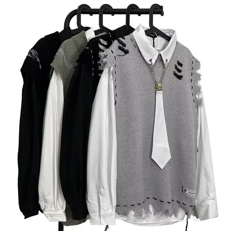 Mens clothing hippie knit sweater with holes mens ripped vest black sleeveless waistband Maltry X knit thick winter fun 240826
