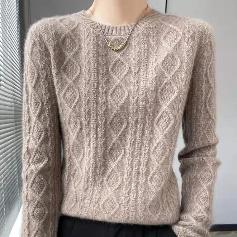 autumn and winter womens solid loose O-neck long sleeved knitted pull rod sweater with threaded fashion casual top 240826