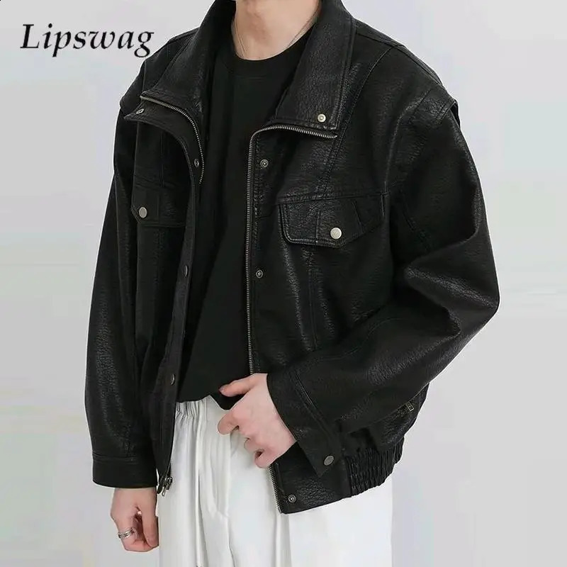 Streetwear Fashion PU Leather Jacket Mens Coat Fall Winter Y2K Style Outerwear Men Vintage Lapel Zipper Leaher Coat Jackets 240826