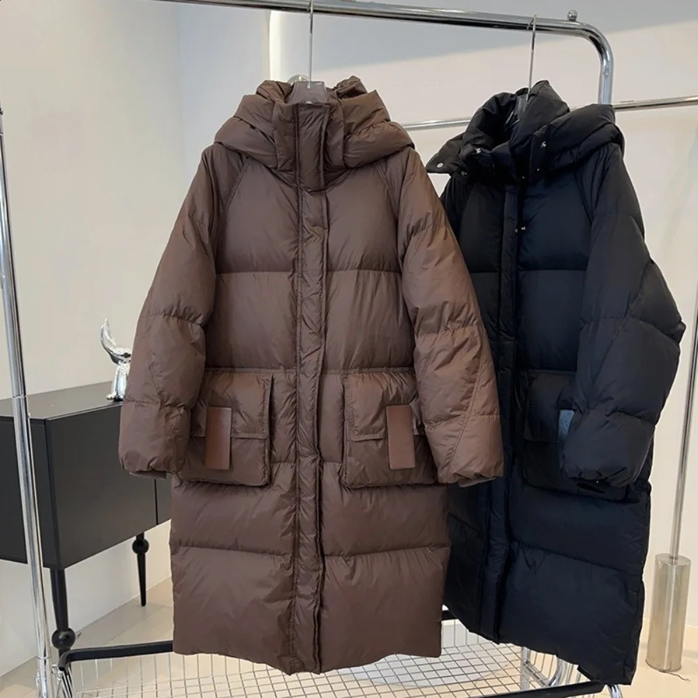 Down Jacket Women 2024 Hooded Knee Length Loose Puffer Winter Thicken Warm Waterproof Duck Coat Fluffy Parkas 240824