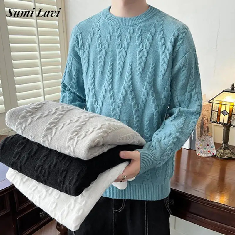 Daily Casual Long Sleeve Crew Neck Knit Men Sweater Autumn Vintage Jacquard Solid Color Sweaters Mens Fashion Knitted Jumper Top 240824