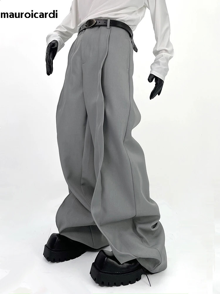 Mauroicardi Spring Extra Long Black Flowy Baggy Wide Leg Pants for Mens Clothing Fashion Loose Casual Soft Gray Trousers 240826