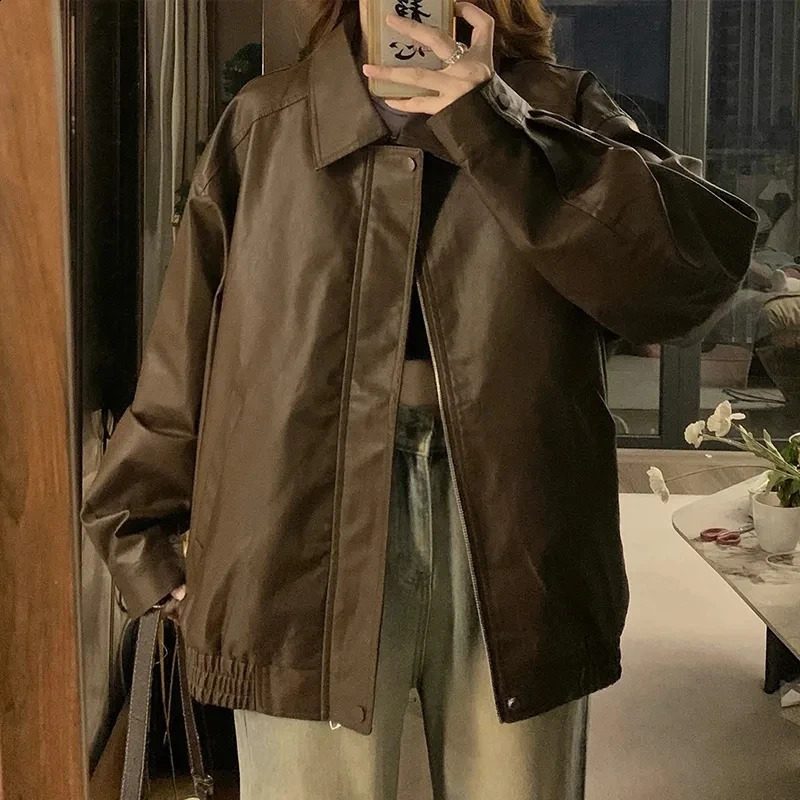 Women Autumn American Style Retro Style PU Leather Jacket Tops Female Loose Fitting Brown Leather Jacket Maillard Jacket Coat 240824