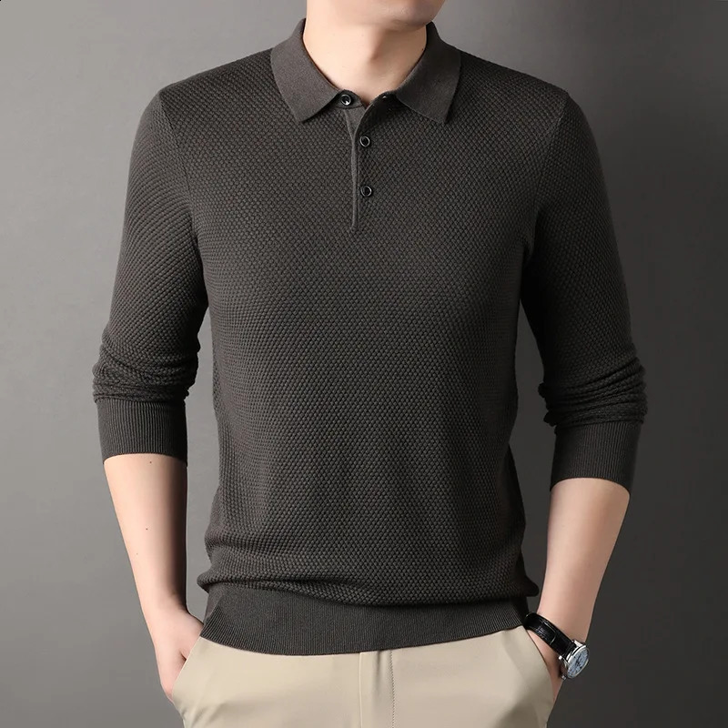 2024 mens autumn and winter slim fit warm collar knitted solid color business long sleeved polo T-shirt top A36 240824