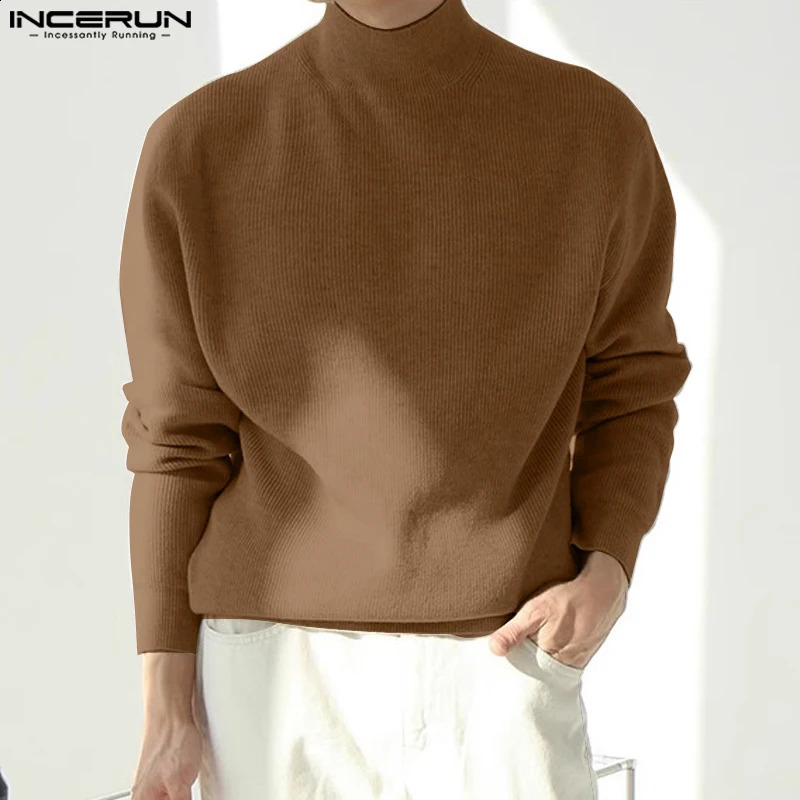 Mens Sweater Solid Color Turtle Neck Long Sleeve Loose Casual Zipper Street Clothing Knitted Korean Mens Clothing S-5XL INCERUN 240824