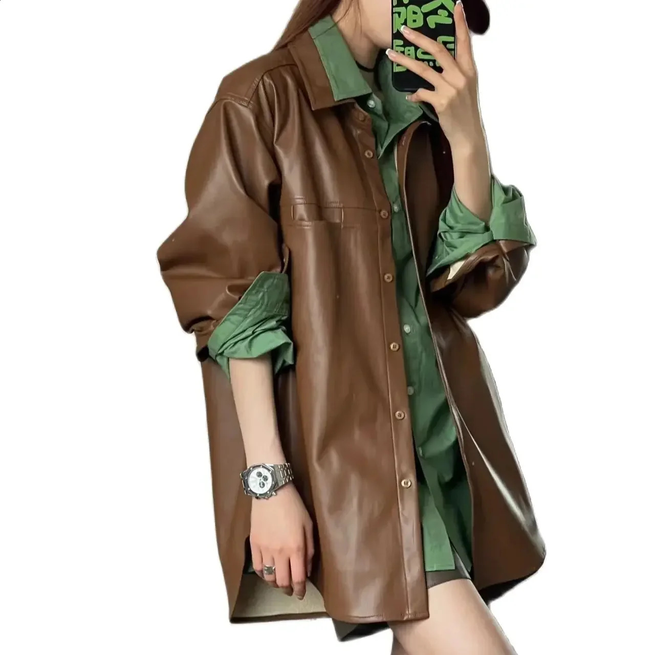 Korean Fashion PU Jacket Long Sleeves Long Cut Shinny Faux Leather Winter Fall Coat Loose 240824