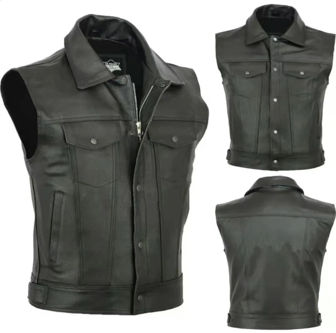 Men Motorcycle Leather Vest Solid Color Large Pocket Sleeveless Biker Jackets Vintage Casual Vest Male Plus Size S-5XL 240826